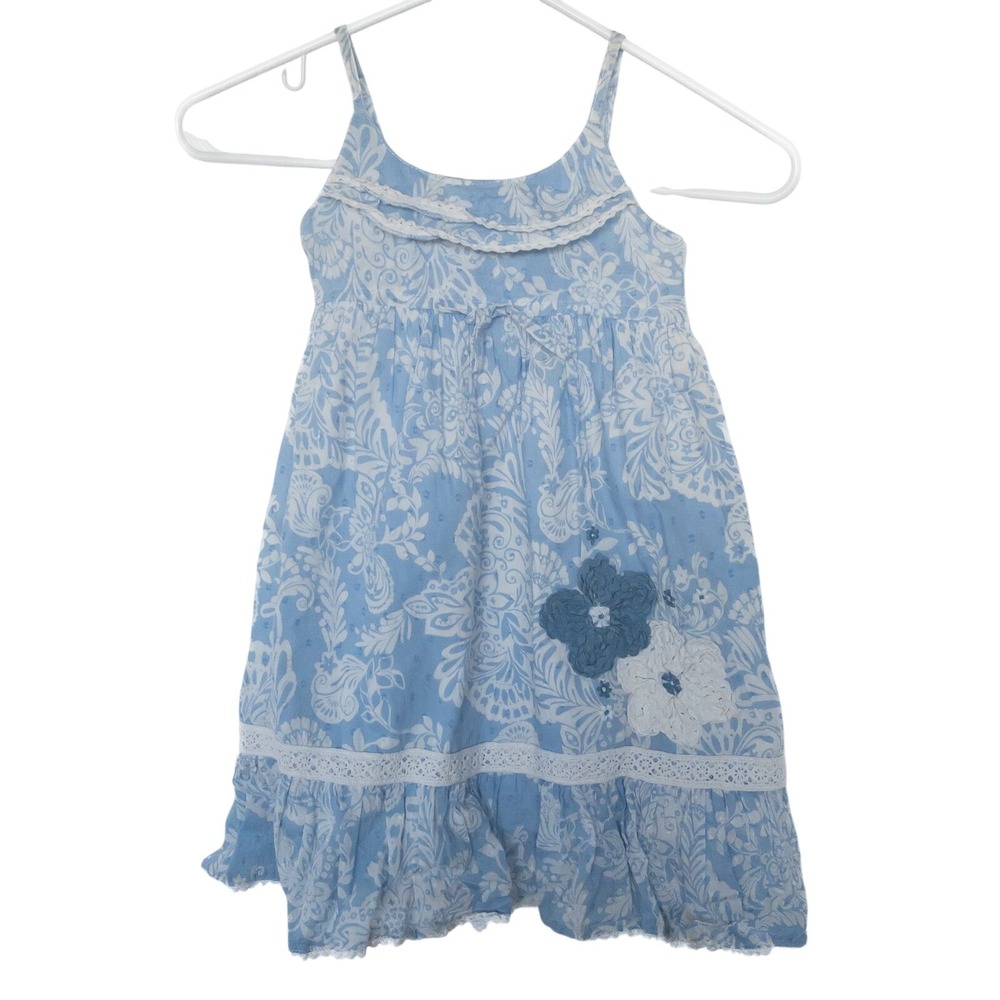 Cutey Couture Sundress Girls 4/5 Blue Floral Lace Crochet Flower 100% Cotton